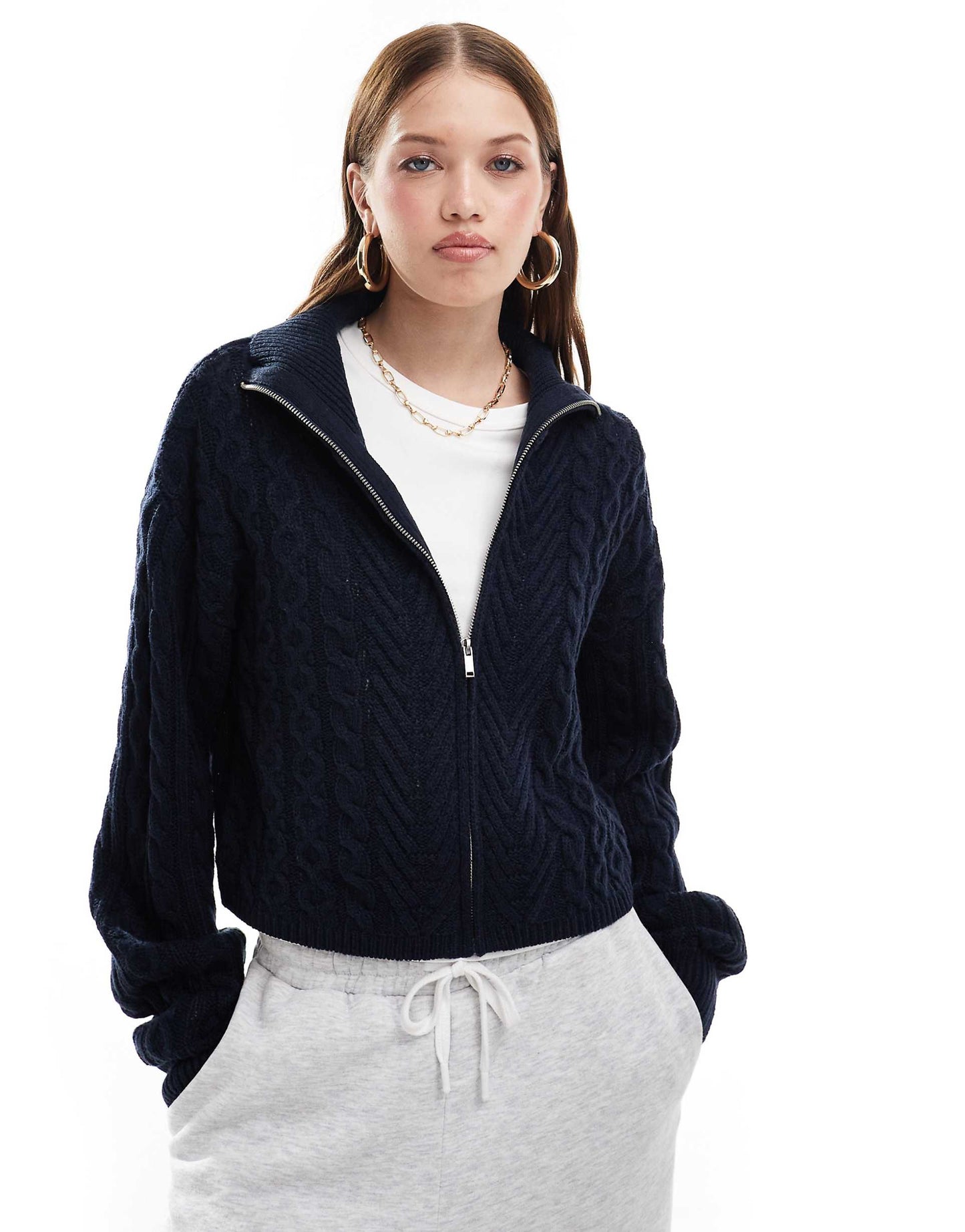 Cable Knit Zip Through Crop Cardigan