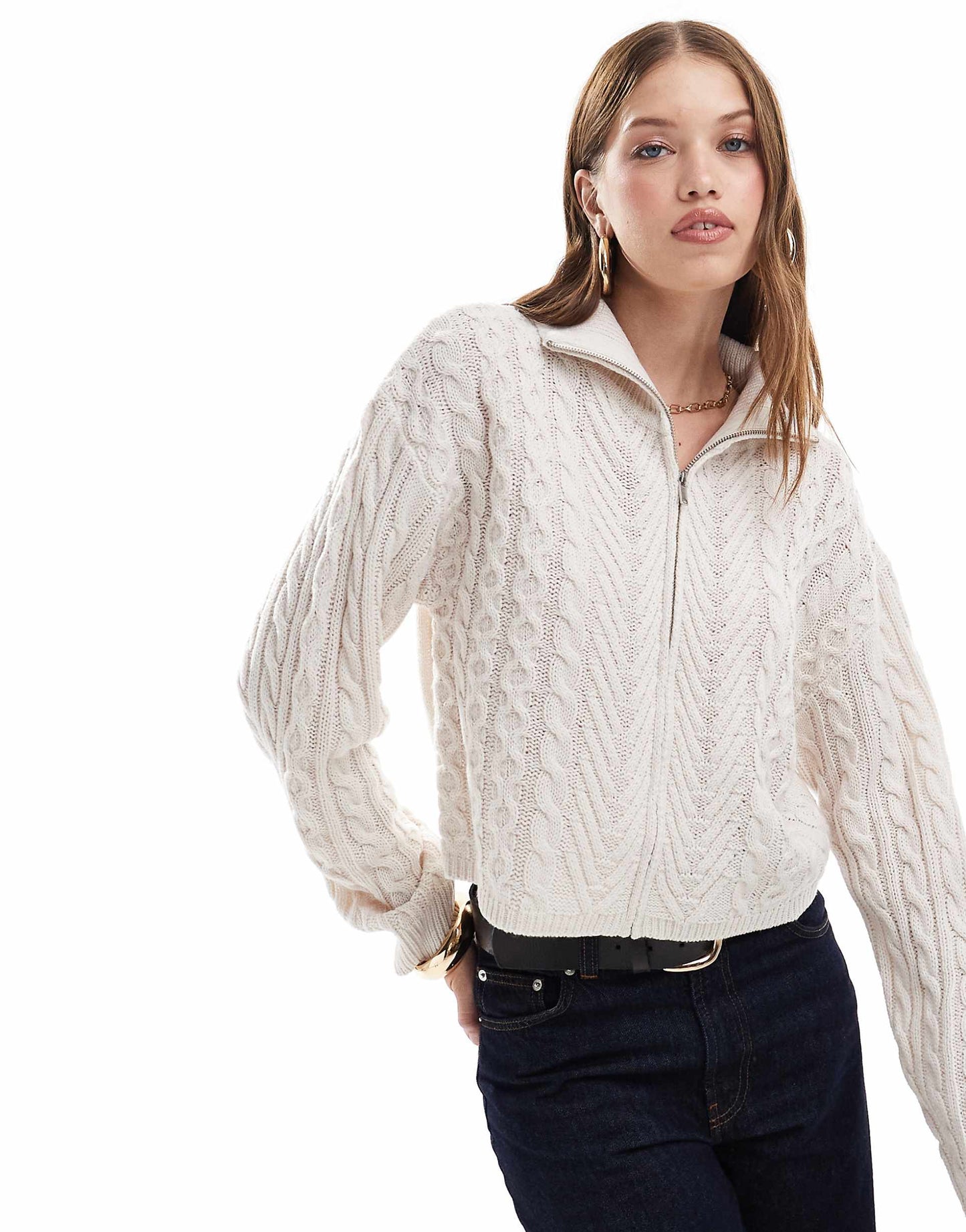 Cable Knit Zip Through Crop Cardigan