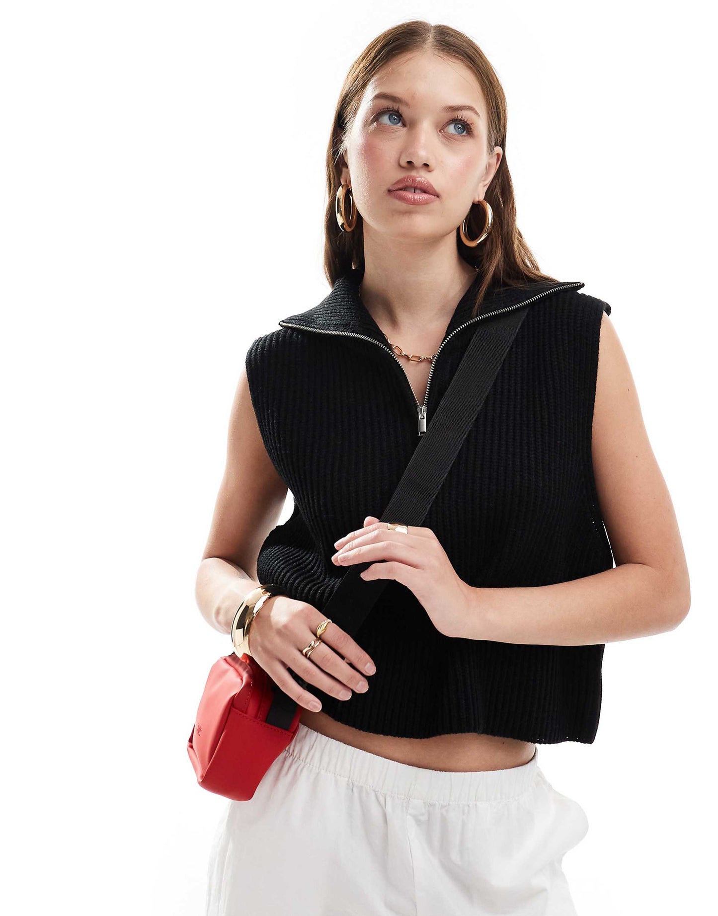 Half Zip Sleeveless Knitted Vest Top