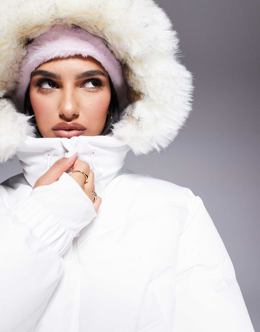 Ski Cropped Insulated Ski Bomber Jacket With Faux Fur Hood