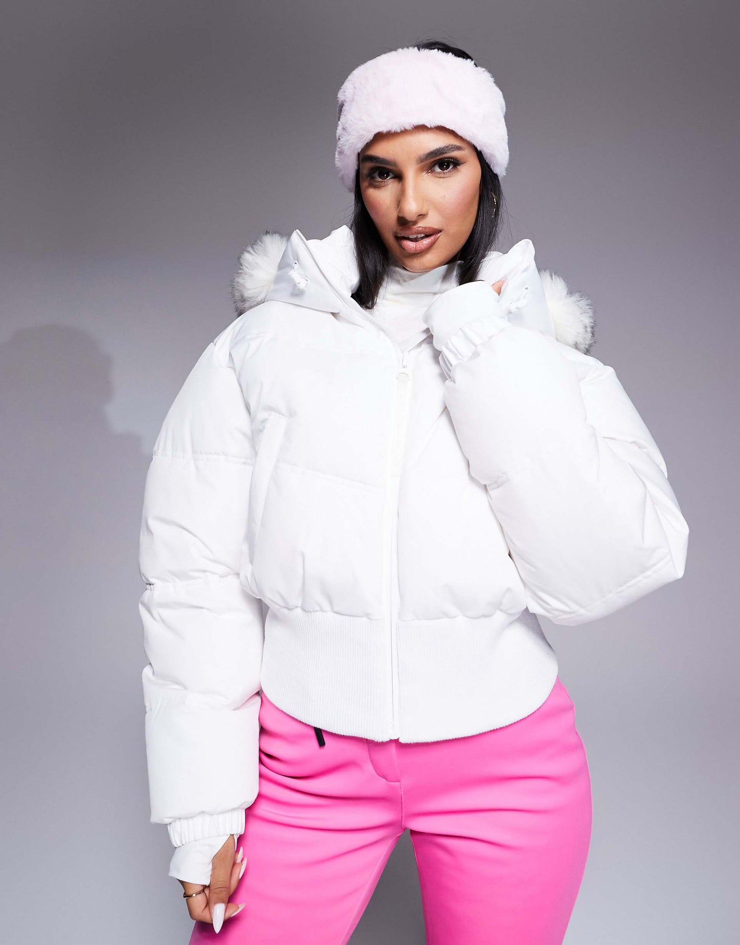 Ski Cropped Insulated Ski Bomber Jacket With Faux Fur Hood
