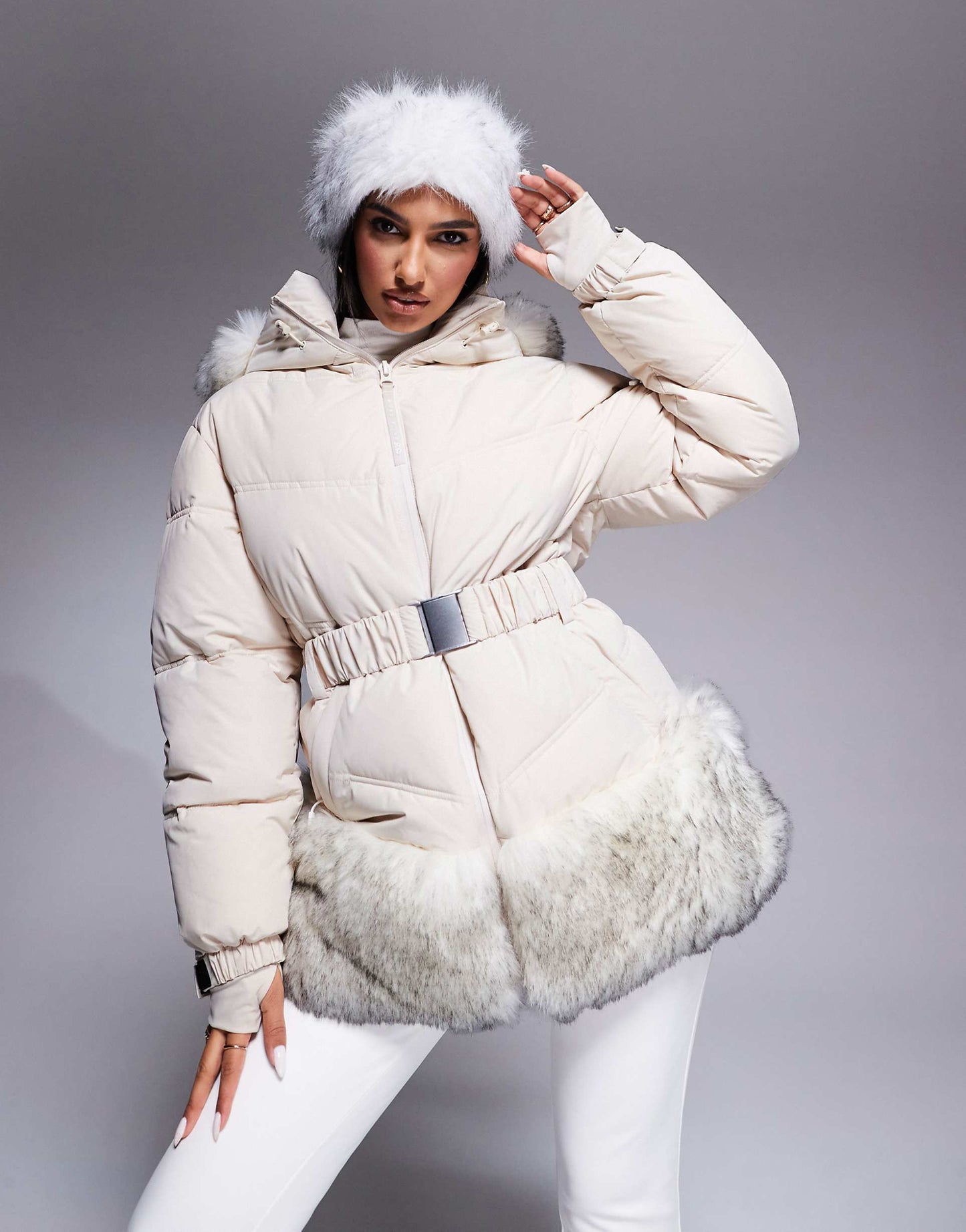 Ski Belted Puffer Ski Jacket With Faux Fur Trim