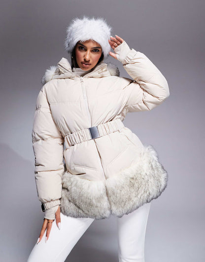 Ski Belted Puffer Ski Jacket With Faux Fur Trim