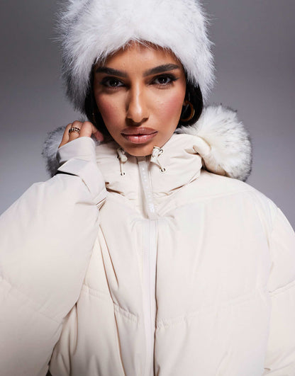 Ski Belted Puffer Ski Jacket With Faux Fur Trim