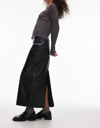 Faux Leather Clean Panel Midi Skirt