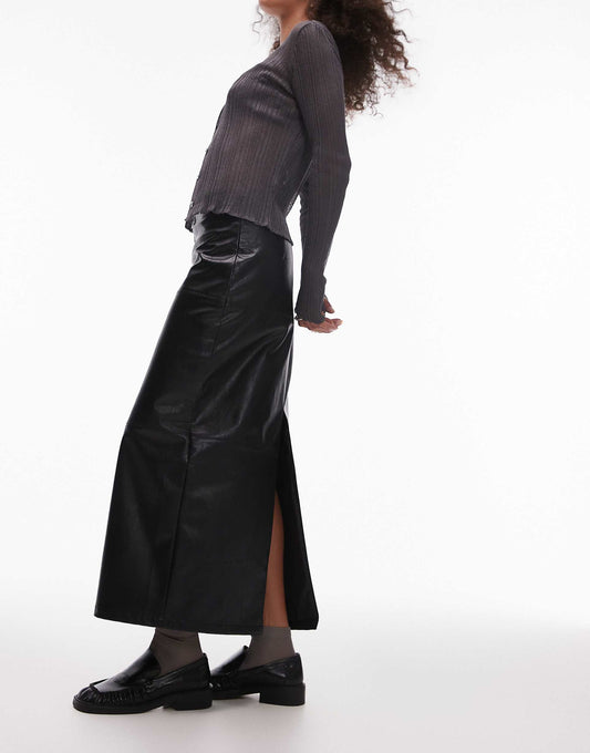 Faux Leather Clean Panel Midi Skirt
