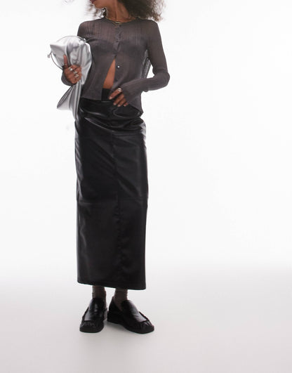 Faux Leather Clean Panel Midi Skirt