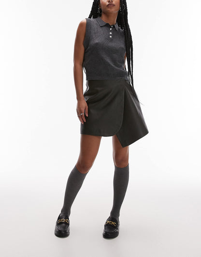 Petite Faux Leather Wrap Mini Skirt