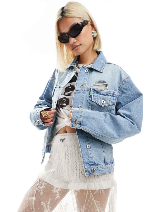 Co-Ord Denim Trucker Jacket With Rips