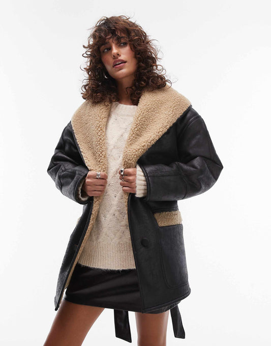 Belted Faux Leather Shearling Jacket