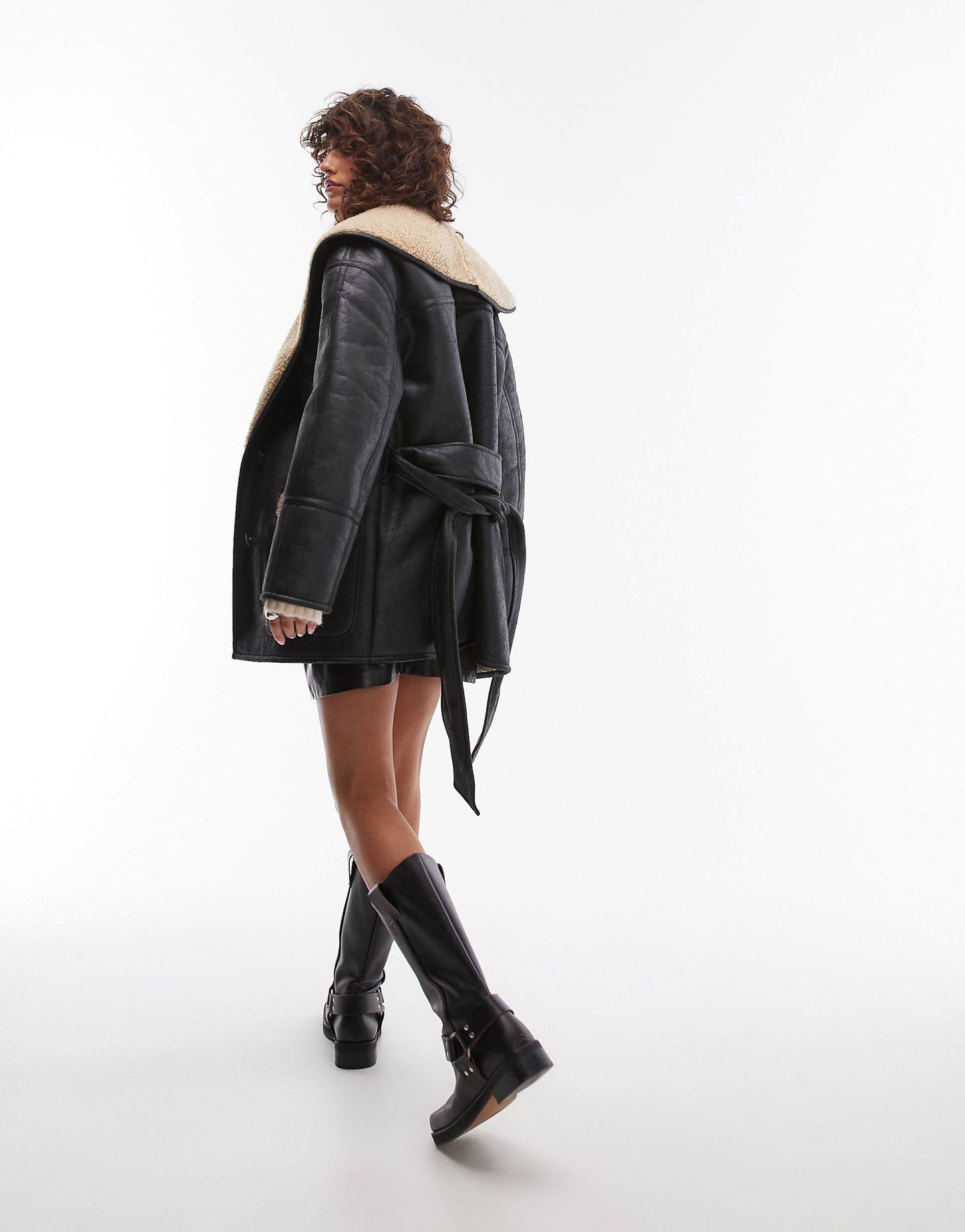 Belted Faux Leather Shearling Jacket