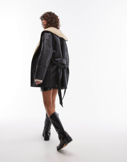 Belted Faux Leather Shearling Jacket