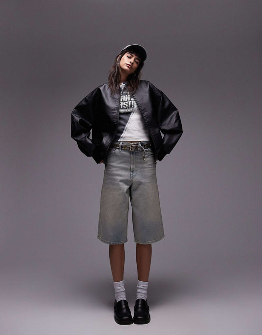 Faux Leather Oversized Bomber Jacket