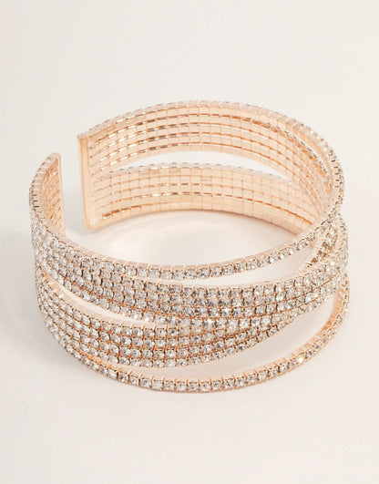Rose Gold Diamante Wide Layered Cuff