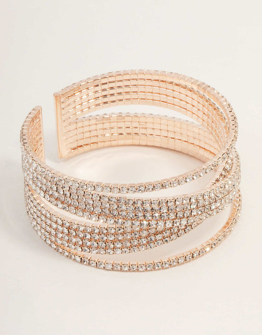 Rose Gold Diamante Wide Layered Cuff