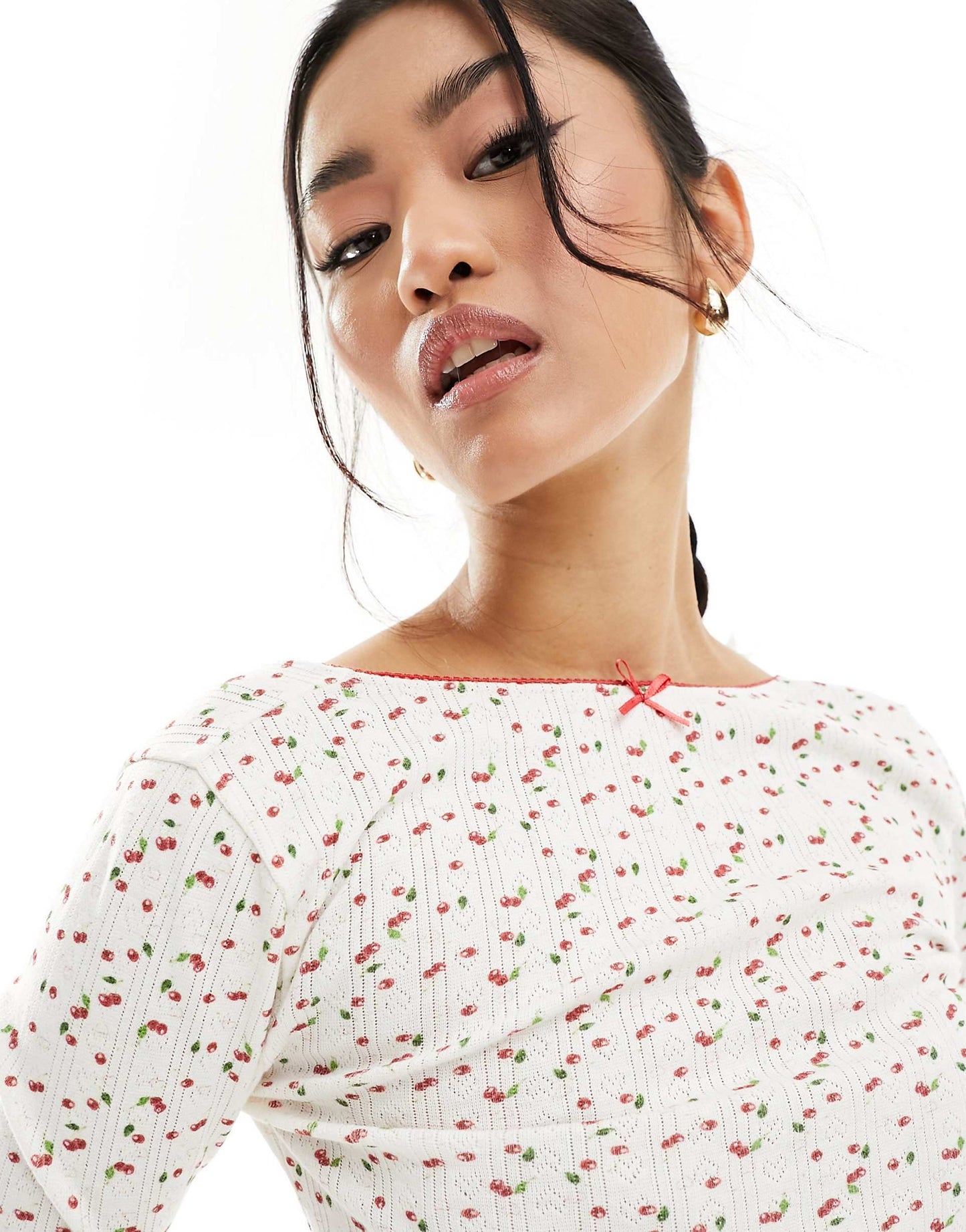 Scoop Back Pointelle  Top With Cherry Ditsy