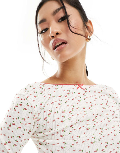 Scoop Back Pointelle  Top With Cherry Ditsy