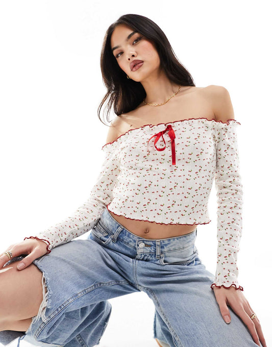 Pointelle Bardot Top With Cherry Ditsy