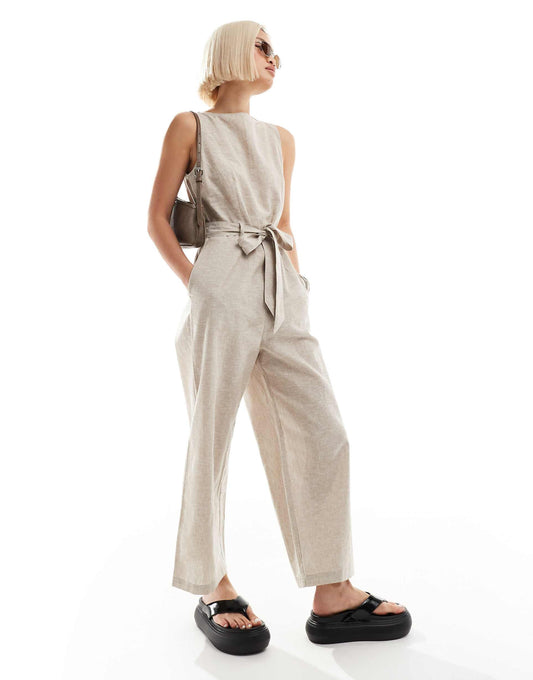 Linen Sleeveless Jumpsuit With Tie Belt Detail