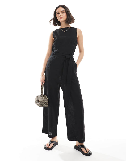 Linen Sleeveless Jumpsuit With Tie Belt Detail