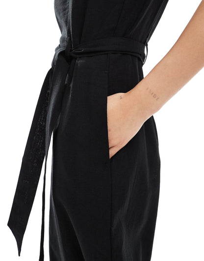 Linen Sleeveless Jumpsuit With Tie Belt Detail
