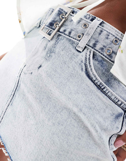 Petite Mini Belt Denim Skirt Light Acid Wash