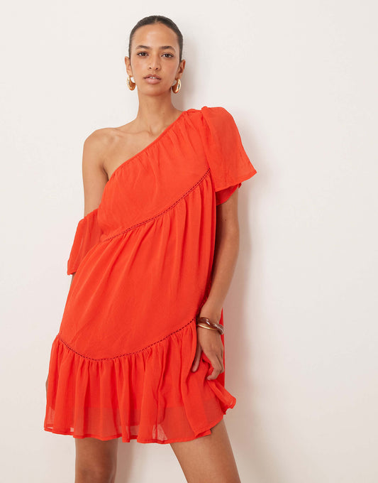 One Shoulder Chiffon Smock Mini Dress With Ladder Trims