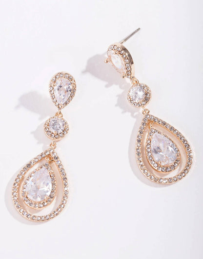 Gold Diamond Simulant Multi Drop Earrings