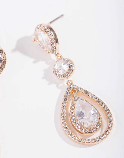 Gold Diamond Simulant Multi Drop Earrings