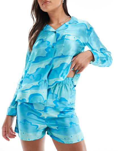 Cloud Print Long Sleeve Satin Revere Pyjama Set