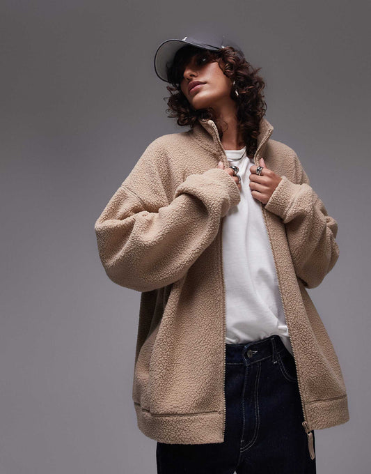 Borg Funnel Neck Zip Thru Fleece
