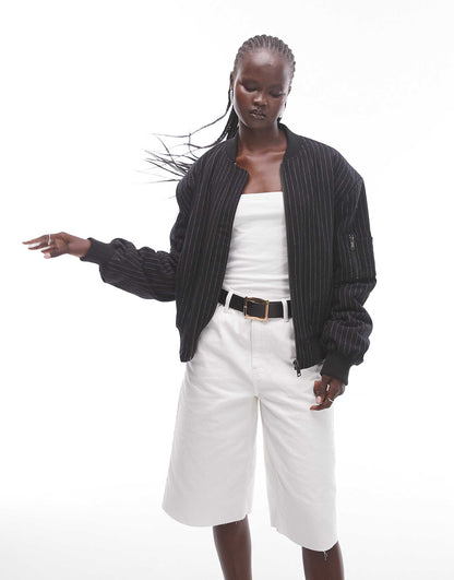 Wool Pinstripe Crop Bomber Jacket