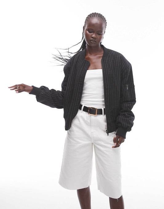 Wool Pinstripe Crop Bomber Jacket