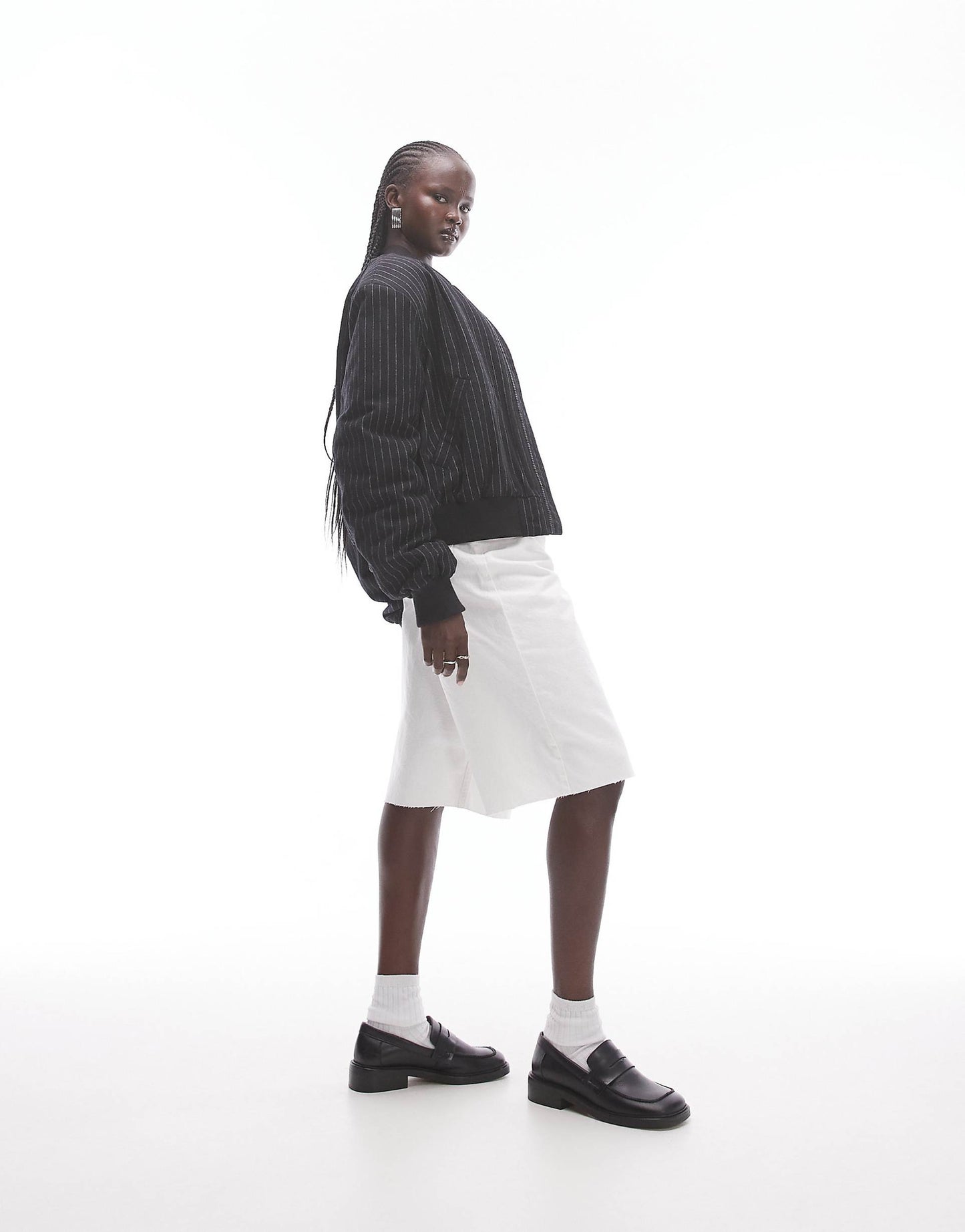 Wool Pinstripe Crop Bomber Jacket