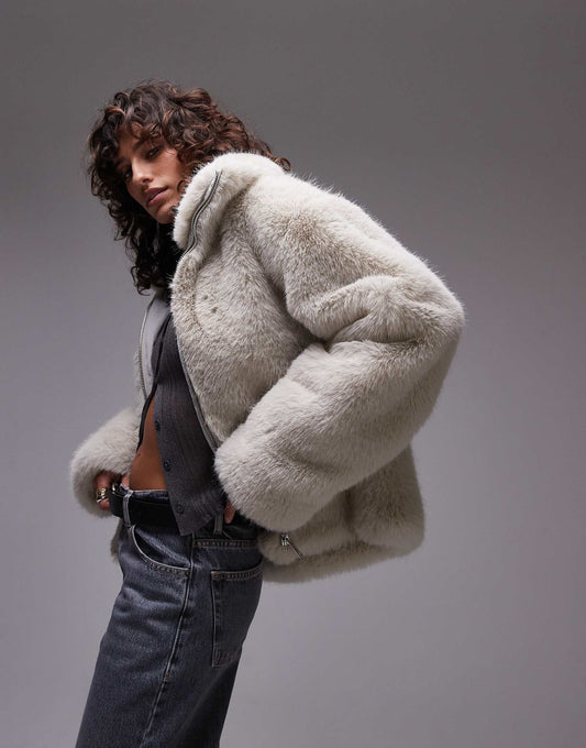 Faux Fur Zip Through Short Coat With Funnel Neck