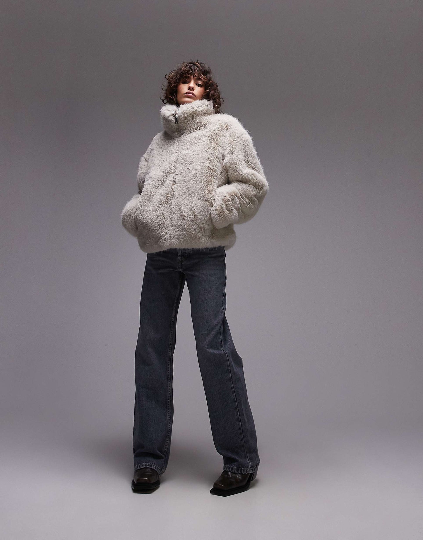 Faux Fur Zip Through Short Coat With Funnel Neck