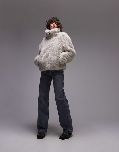 Faux Fur Zip Through Short Coat With Funnel Neck