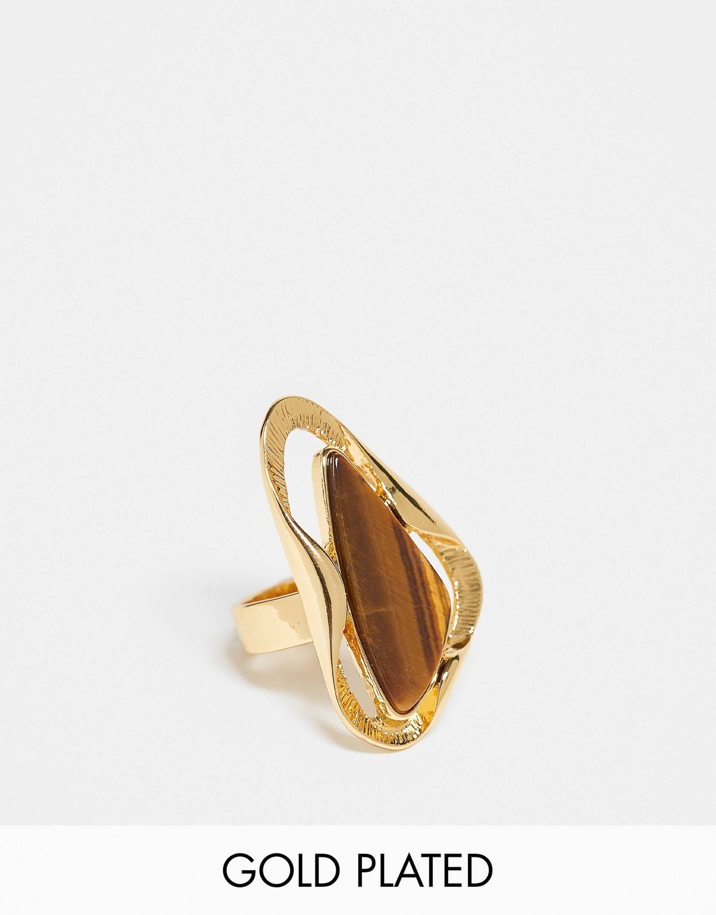 Limited Edition 14K Gold Plated Ring With Molten Design And Tigers Eye Real Semi Precious Stone