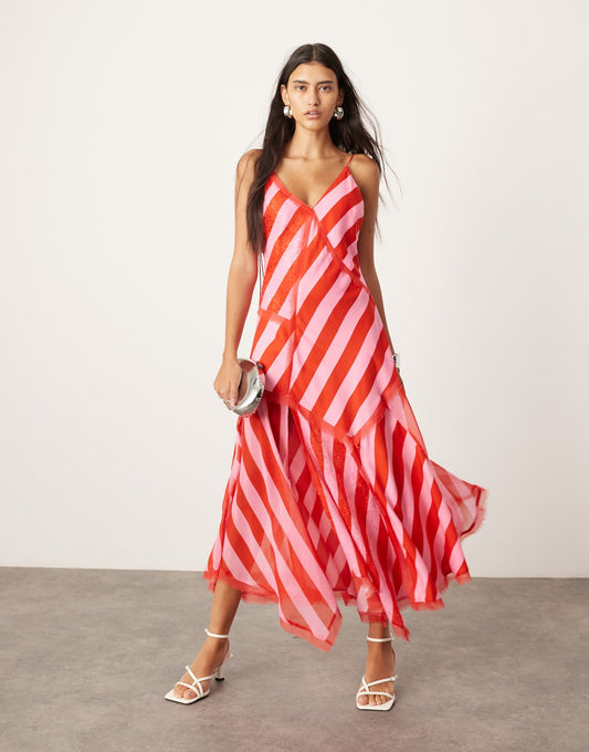 Contrast Fabric Cami Midi Dress With Hanky Hem