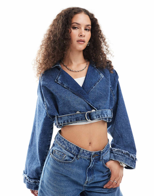 Cropped Denim Jacket With Belt Detail