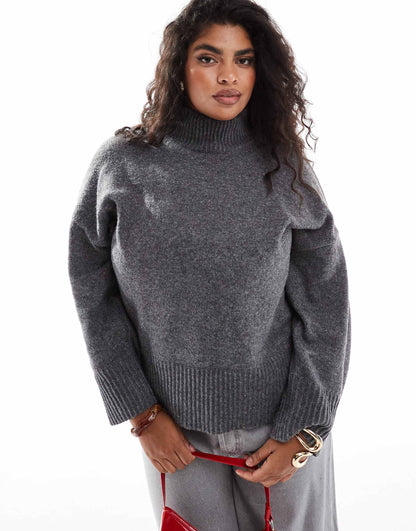 Curve Knitted High Neck Jumper With Turn Back Cuffs