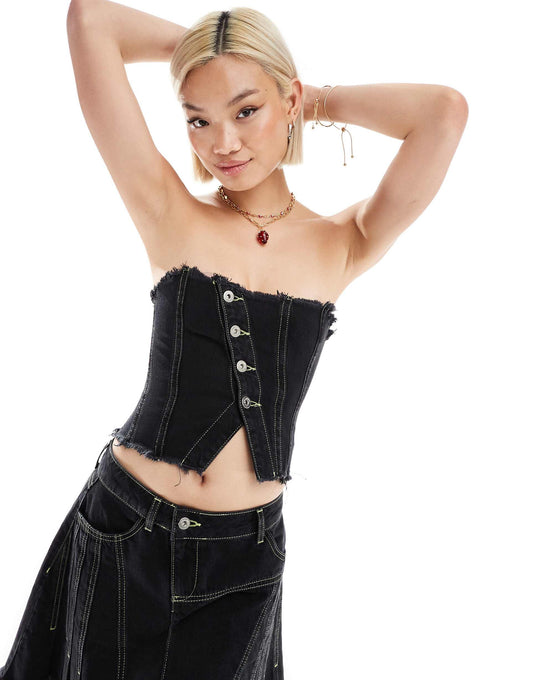 Asymetric Denim Seam Detail Festival Bandeau Co-Ord