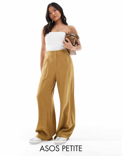 Petite Tailored High Waist Seam Detail Wide Leg Linen Trousers