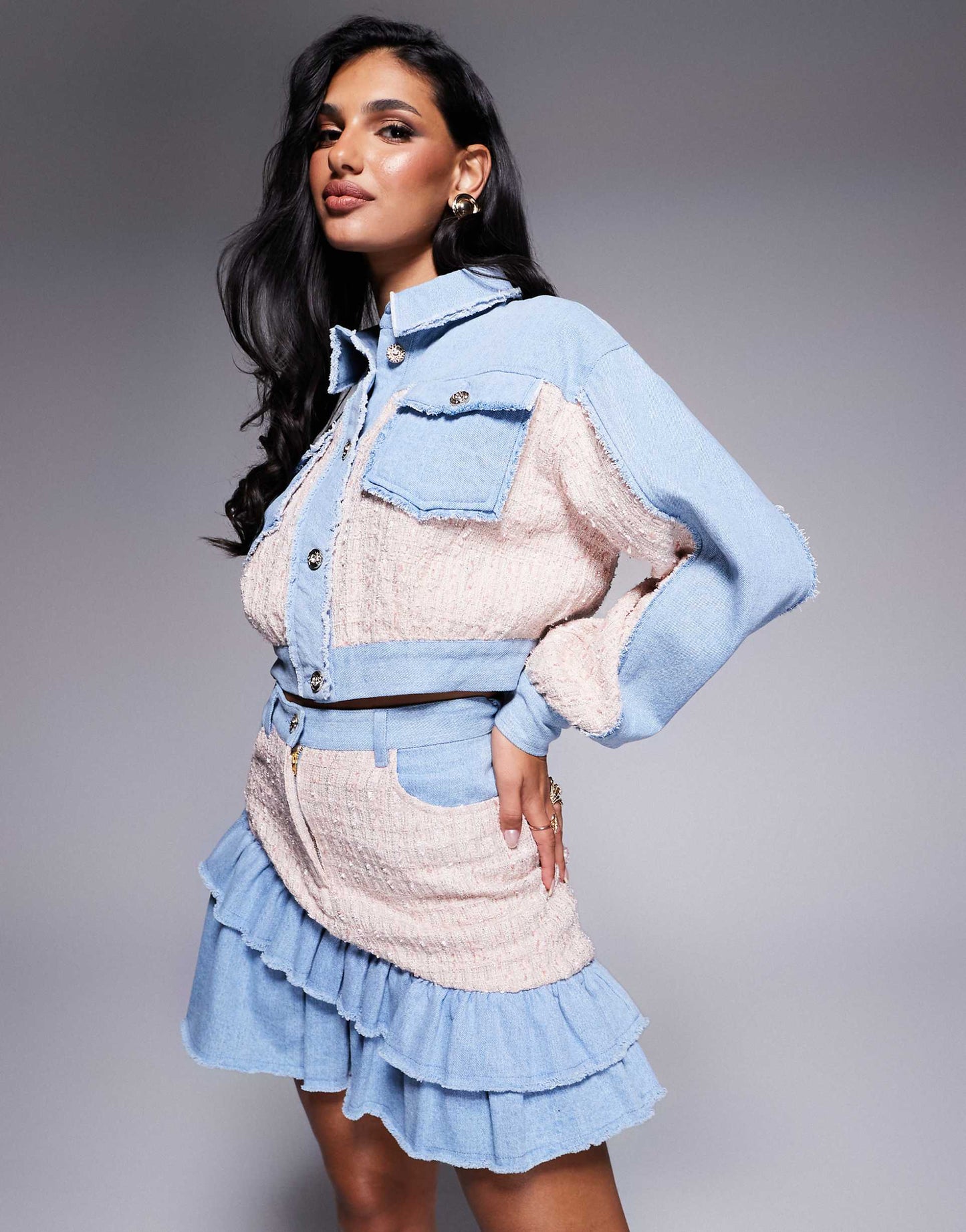 Boucle Mix Co-Ord Denim Bomber Jacket