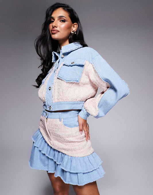 Boucle Mix Co-Ord Denim Bomber Jacket