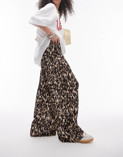 Abstract Leopard Crinkle Plisse Wide Leg Trouser