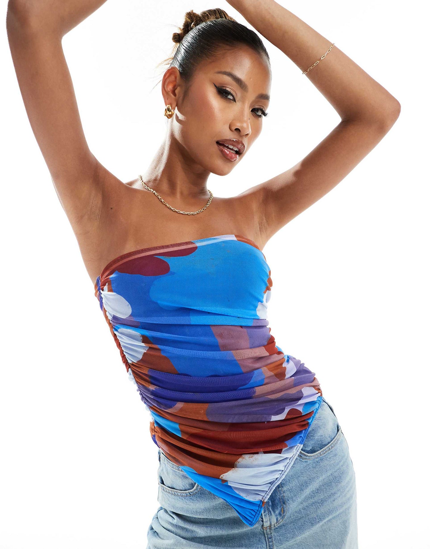 Ruched Mesh Corset Top With Asymmetric Hem