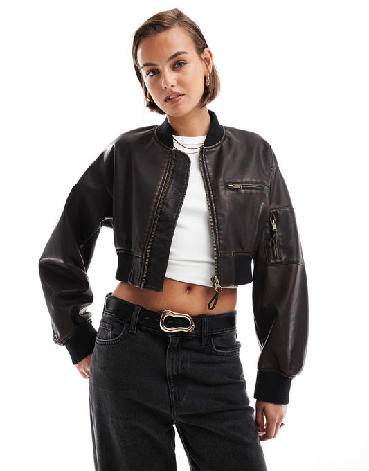 Washed Cropped Leather Look Bomber Jacket