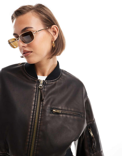 Washed Cropped Leather Look Bomber Jacket