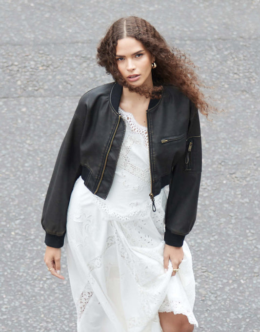 Washed Cropped Leather Look Bomber Jacket